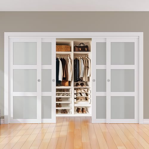 SMARTSTANDARD Sliding Closet Door, 56"×80"(Double Barn Doors 29"), Double Frosted 3 Panel Glass Sliding Door with Hardware Kit, Pre-Drilled Doors Panel, Need to Assemble, MDF with PVC Surfac