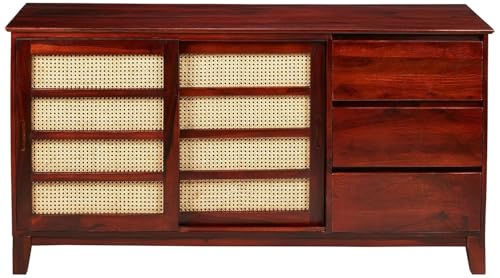 Image of Amazon Brand - Solimo Augustene Solid Sheesham Wood Sideboard with Sliding Door with 3 Drawers for Bedroom Living Room Home (Honey Finish)