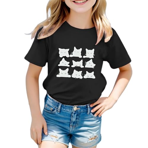Kids T Shirts Girls Cat Trendy Graphic Cat Round Neck Short Sleeve Teenage Girls Tshirts Comfy Summer Cartoon Cute Casual Athletic Vacation School Tops T-Shirts Age 3-13 Years (Black, 5-6 Years)