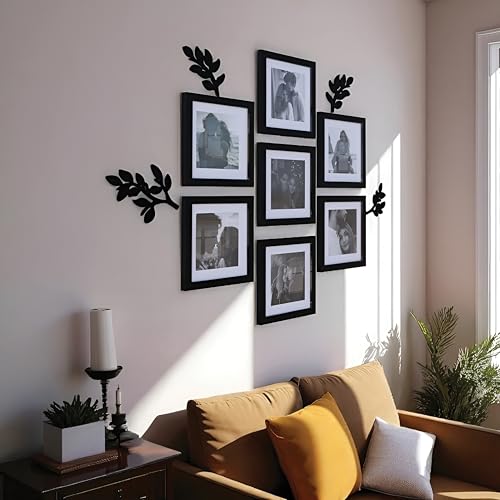 Image of Art Street Picture Frame Botanical Wall Decor with Pack of 7 Square Black Photo Frames & 4 MDF Leaf Cutouts 8x8 Inch Set with White Matt Nature Inspired Wall Hanging Art 20x20 cm