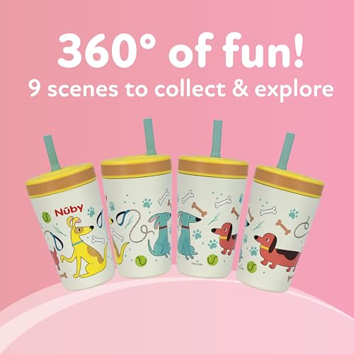 Image of Nuby Thirsty Kids Flexstraw Stainless Steel Insulated Toddler Cup - 12 oz | Leak-Resistant Silicone Straw - Easy-Clean Valve and Capacity - Travel Cup - Dogs