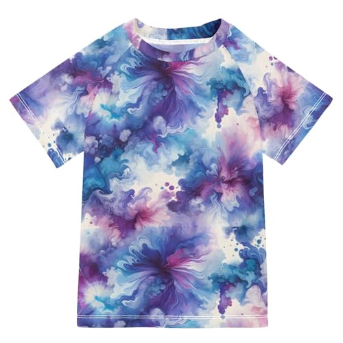 ALAZA Boys Swim Shirts Toddler Rash Guard Short Sleeve Rashguard Abstract Tie Dyeing UPF 50+ 11-12T