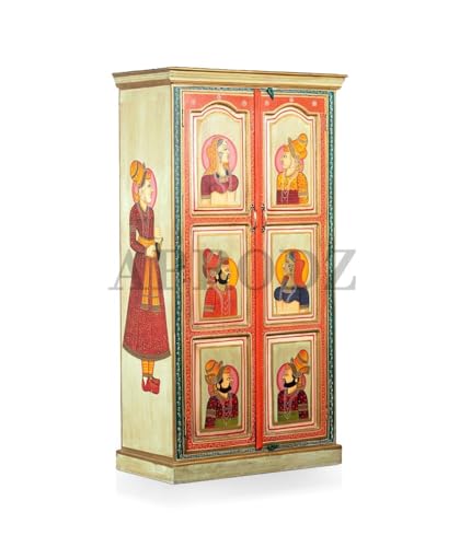 Image of APRODZ Hand-Painted Solid Wood Sideboard Cabinet with 2 Doors | Wooden Storage Cabinet for Bedroom Living Room & Kitchen | Crockery Cabinet, Kitchen Storage | Multicolor, 36x18x66 Inches