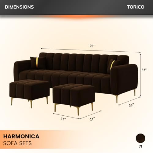 Image of Harmonica 3 Seater Modular L Shape Sofa Set with 2 Ottoman| Soft Velvet Upholstery, Sturdy Wooden Frame | Modern Sofa for Living Room, Hall & Office Spaces (Dark Brown)