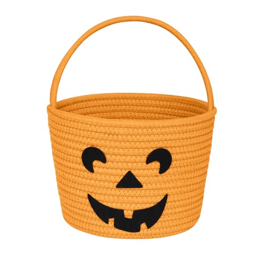 WILLITAT Halloween Pumpkin Basket for Kids, Trick or Treat Candy Bucket, Small Woven Boo Spooky Ghost Basket, Cute Cotton Rope Baby Fall Gift Bin, Halloween Decorations, Orange