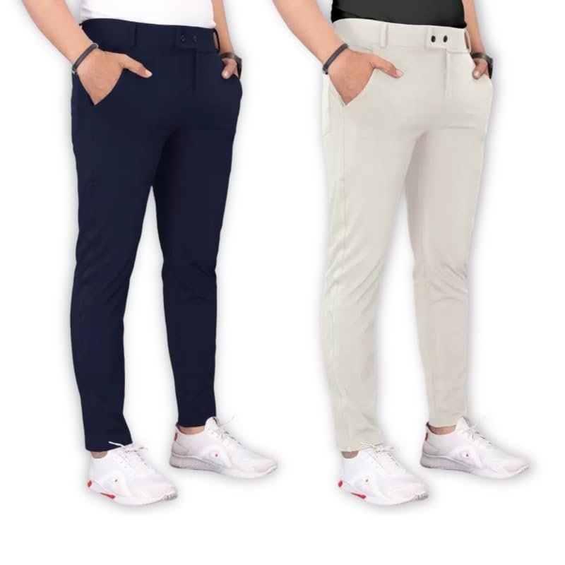Image of Men's Stylish Slim Fit Lycra Blend Trousers - Pack of 2 (Combo) Formal Pants for Men | Stretchable Regular Office Formal Wear | Comfortable Solid Casual, Business, and Work Trousers for Men