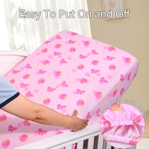 Image of UOMNY Crib Sheet,Strawberry Bow Crib Sheets Baby Sheet for Standard Crib and Toddler Mattresses Nursery Bedding Sheet Crib Mattress Sheets for Boys and Girls 1 Pack Toddler Sheet