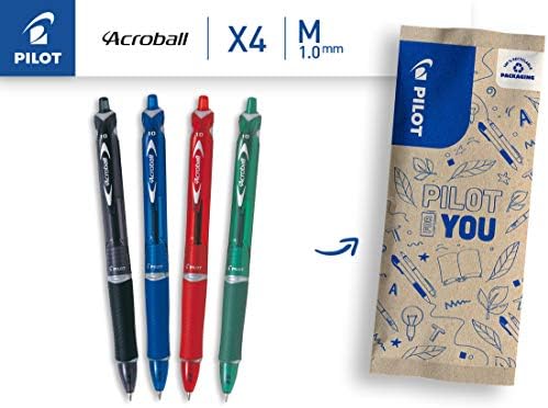 Pilot FLW538967 Acroball Retractable Ballpoint Tip- Black/Blue/Red/Green (Pack of 4)