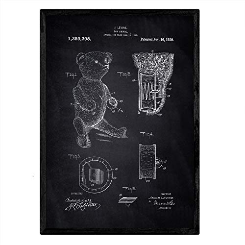 Nacnic Poster con patente de Osito de peluche. Lámina con diseño de patente antigua en tamaño A3 y con fondo negro