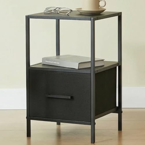 CASABEL Table de Chevet Noire avec tiroir en Tissu renforcé, Plateau en Bois et Cadre métal, 30×30×50cm, Tables de Nuit pour Chambre ou Tables...