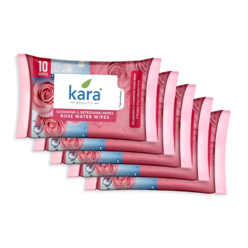 Image of kara Rose water Face Wipes for Oily & Acne Prone Skin | 10 Wipes Pack | Oil Control Cleansing Wet Wipes Removes Dirt Oil Makeup | Alcohol Free, Dermatologically Tested Travel (Pack of 5)