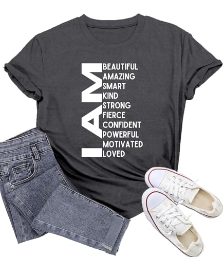 Wlen Inspirational Shirts for Women Motivational Tshirt I Am Beautiful Tee Tops Grey
