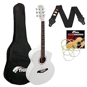 TIGER 3/4 Size Akoestische Gitaar – Steel Strung Small Body Akoestische Gitaar voor leeftijden 12 + met tas, riem, reservesnaren en plectrums – wit