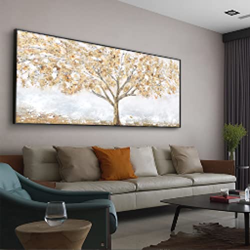 Toile murale salon grand format 80x160cm avec impression moderne d'arbres dorés abstraits