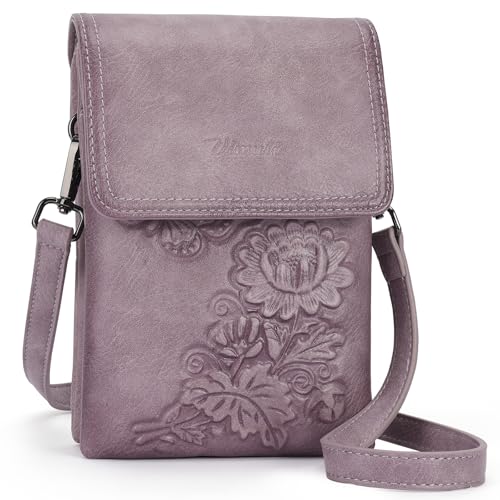 Image of Small Crossbody Bags for Women Trendy Vegan Leather Cell Phone Bag Embossed Flower Design Wallet Purses with Strap