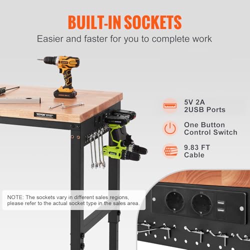Image of VEVOR Workbench for Garage 72 inch Adjustable Workbench, Heavy-Duty Hardwood Worktable with Universal Wheels, 3000 LBS Load Capacity, with Power Outlets, for Workshop, Garage, Office and Home