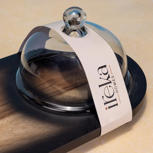 Image of Ireka Home Tamra Acacia Wood Cake Cloche with Glass Dome & Platter - Wooden Dessert Stand for Cake, Pastries, Cupcakes, Cookies & Serving Display
