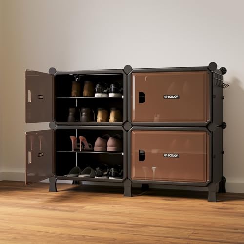 Image of BOXJOY 8 Shelf Horizontal Shoe Rack with 4 Doors, Magnet & 5 Hook Steel Holder for Home Storage Box Organizer, Hard PET Plastic with Metal Door Frame, Shoe Chappal Slipper Stand(Black, Brown Door)