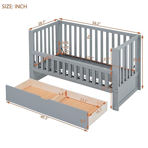 Tensun 4-in-1 Crib for Toddler Baby, Crib with Storage Drawers and 3 Mattress Height Options, CPSC Certified, 3 Mattress Height Settings, Modern Nursery Wooden Furniture, Grey