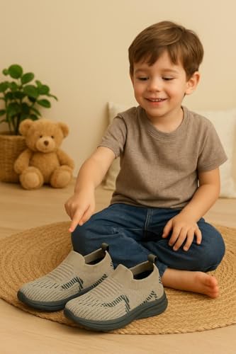 Image of Kids Slip-On Knit Sneakers, Beige with Black Accents, Lightweight Walking Shoes for Kids