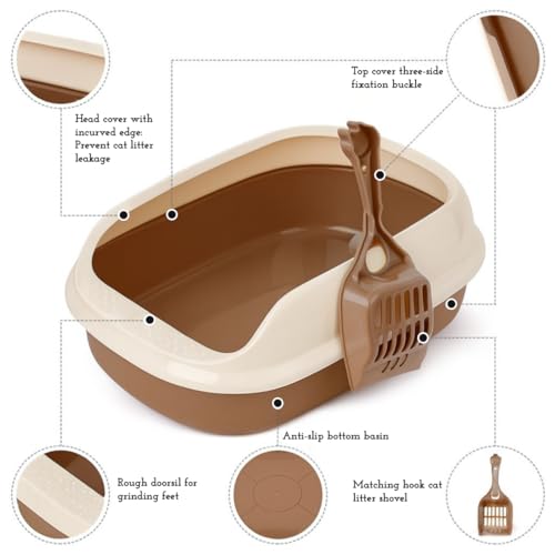 Image of PETS EMPIRE Cat Litter Box Tray with Free Scooper - Semi-Closed Design, Durable Quality, Suitable for All Adult Cats & Kittens, Brown