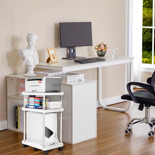 Niciksty Soporte de torre de computadora de 3 niveles, carrito de torre de PC móvil con ruedas, soporte de CPU para impresora móvil, mesa de pie para fax, oficina en casa, color blanco - imagen 5