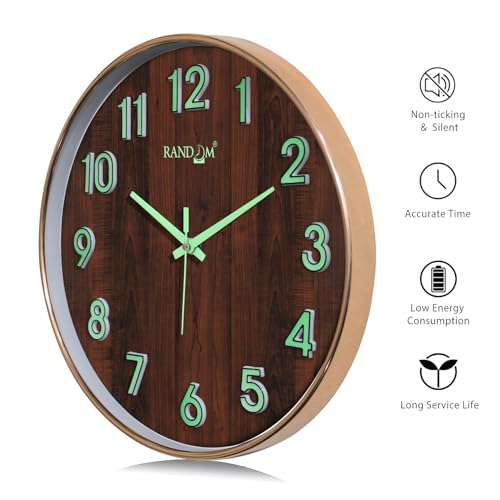 Image of RANDOM Modern Wall Clock with 3D Radium Numbers, Silent Non-Ticking, Premium Black Frame, Ultra Clear Glass for Living Room, Home Office (12.75 inch)