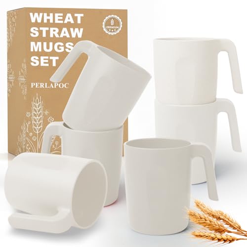Image of 6PCS Unbreakable Wheat Straw Mugs Set, 16 OZ White Coffee Mugs | Lightweight Plastic Drinking Glasses with Handle for Daily Use, Camping