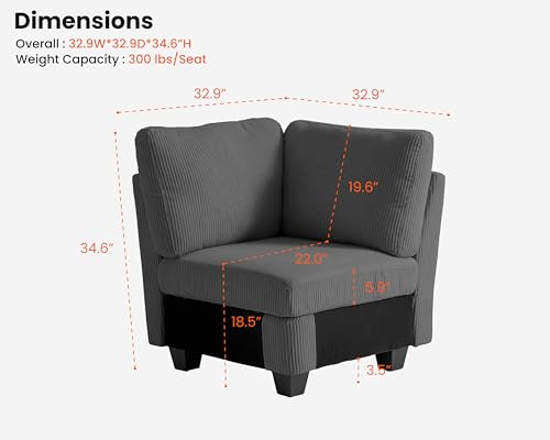 Image of CHIC HOUSE Middle Module for Modular Couch, Corduroy Customizable Chaise, Storage Ottoman for Sectional Sofa, Armrest, Single /Double Seater