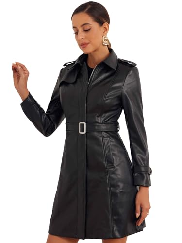 Allegra K Faux Leather Jacket Women Long Trench Coat with
