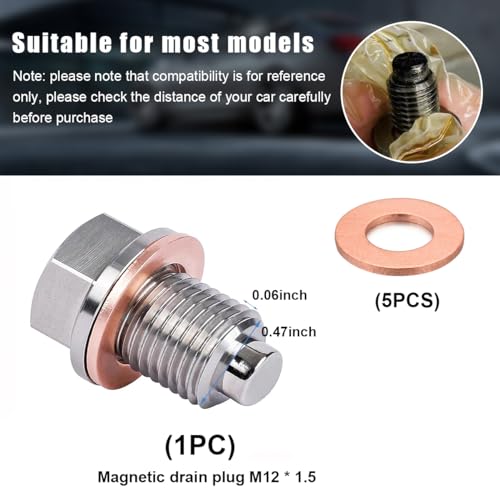 Sylvil SYLVIL-2130OD M12X1.5 Magnetic Oil Drain Plug, Stainless Steel Sump Drain Nut Bolt With 5 Crush Gaskets, Leak-Proof Vehicle Engine Oil Drain Plug Replacement thumb #1
