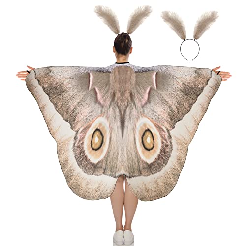 Remagr 2 Pcs Halloween Moth Butterfly Wings Cape Adult Costume with Feather Headband Moth Shawl for Women Halloween(Stylish Style,78.7 x 51.2 Inch)