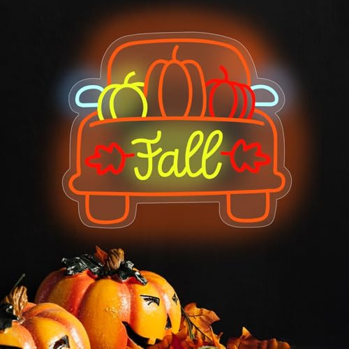 Image of Thanksgiving Pumpkin Carriage Led Neon Sign, Fall Truck LED Light, Fall Thanksgiving Decor LED Neon Light Pumpkin Truck Neon Sign Autumn Home Farmhouse Decor,15.2 inchx13 inch