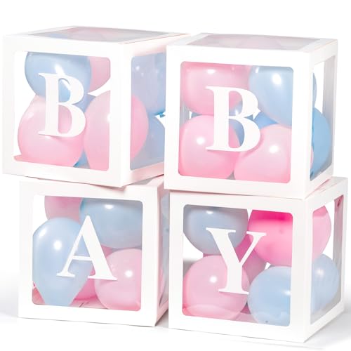 Voircoloria Baby Boxes with Letters for Baby Shower, Gender Reveal Decorations with 4 Transparent Balloon Boxes for Gender Reveal Party (Blue and Pink Balloons)