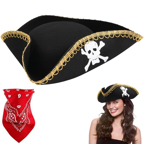 Aomig Chapéu de pirata para adulto, chapéu de tricórnio com lenço pirata, gorro de pirata de couro, disfarce pirata homem, chapéu de capitão pirata para o Halloween Cosplay Masquerade