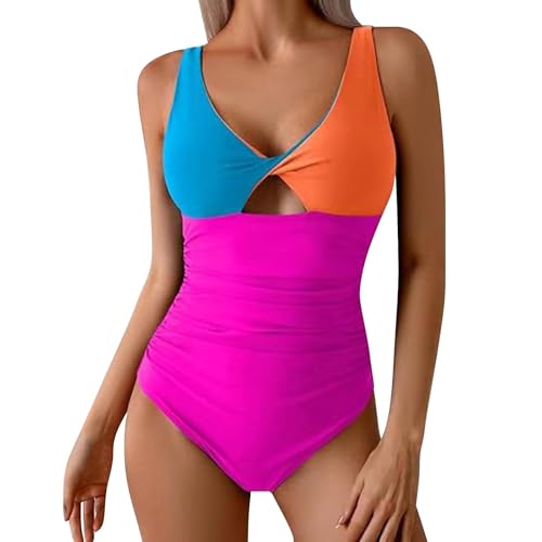 Trajes de Baño Mujer Bañador Vientre Plano Traje de ño Mujer con Escote en V Profundo y Estampado Contraste Color para Bikini Sexy sin ñador Deportivo Bikini (Orange XXL)
