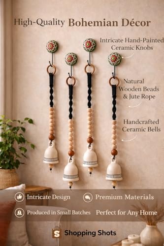 Image of Handmade Ceramic Bell Hanging | Traditional Boho Home & Balcony Decor with Wooden Beads | Set of 4 with Ceramic Hooks