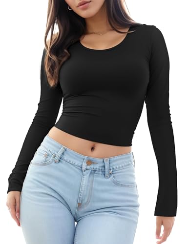 Womens Long Sleeve Crop Top Scoop Neck Sexy Slim Fitted Casual Base Layer Lightweight Soft Tops Workout Shirts 2023 Women's Clothing XS-XL Fall Winter Underwear Spring Fashion Basic Going Out Tops