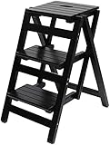 Taburete de Tres escalones, Taburete Plegable multifunción, Escalera de Doble Uso, Escalera de Madera Maciza para el hogar (Negro)