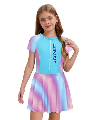 Eandarui Kids Girls One Piece Rash Guard Swimsuit Swim Shorty Dress Summer Beach Bathing Suit Surfing Swimwear Gradient Blue 11-12 Years