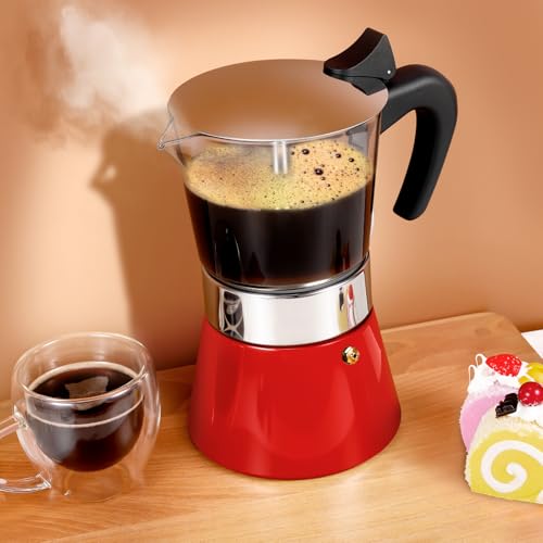 Image of Induction Moka Pot, 9 Cups (15.9 oz) Crystal Glass-Top & Stainless Steel Moka Pot, Classic Stovetop Espresso Maker, Red