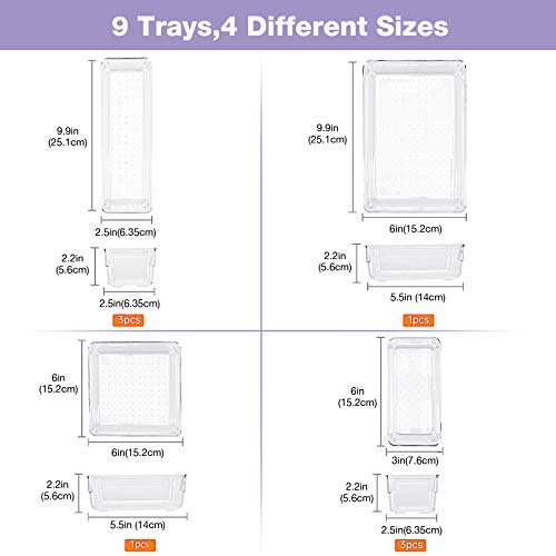 Puricon 9 Pcs Desk Drawer Organizers Trays Set Clear Plastic Storage Bins Bathroom Drawer Tray Dividers Vanity Trays Organizer for Bedroom Dresser Makeup Kitchen Utensil Office - Thumbnail 6