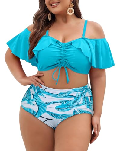 Hanna Nikole Plus-Size-Bikini Curvy Women Ruffle Drawstring Swimsuit 2 Piece Bathing Suit Ruched High Waisted Beach Vacation