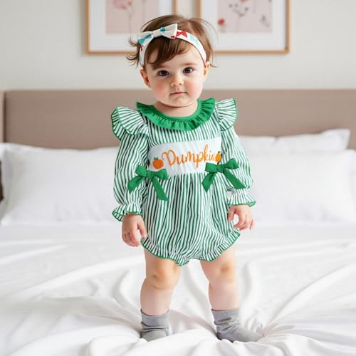 FYBITBO Halloween Baby Girl Outfits Pumpkin Bubble Romper Smocked Long Sleeve Onesie Bodysuit Cute Newborn Infant Clothes2