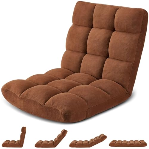 Image of Folding Floor Gaming Chair 14-Poistion Cushioned Adjustable Floor Lazy Sofa Chair w /Breathable Cotton & Skin-Friendly Flannel for Adults & Kids Perfect for Reading Gaming Meditating, Brown