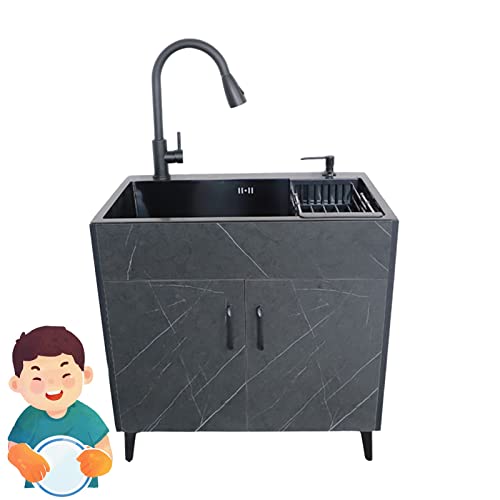 Fregadero de cocina independiente de acero inoxidable con grifo caliente y frío, estación de lavado de manos multiusos para el hogar, restaurante, uso en interiores y exteriores (negro, 60 x 45 x 78