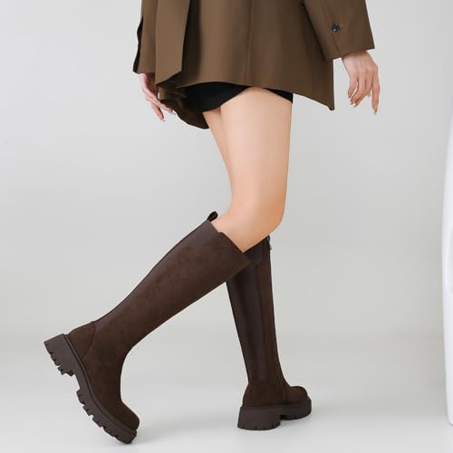 Image of TEAIEU Knee High Boots for Women, Platform Chunky Block Low Heel Tall Boots, Round Toe Side Zipper Fall Long Boots for Dress, Stretch Calf, Comfortable