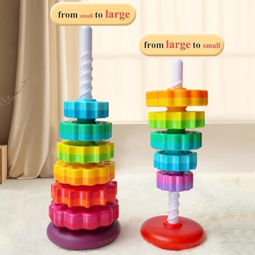 Image of Spinning Tower Stacking Toy, Rainbow Educational Rings, Montessori Sensory Learning Toy for Toddlers 1-3 Years