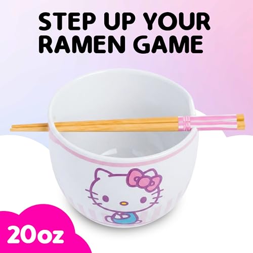 Image of Silver Buffalo Sanrio Hello Kitty Stripes, Ramen Bowl with Chopsticks, 20oz