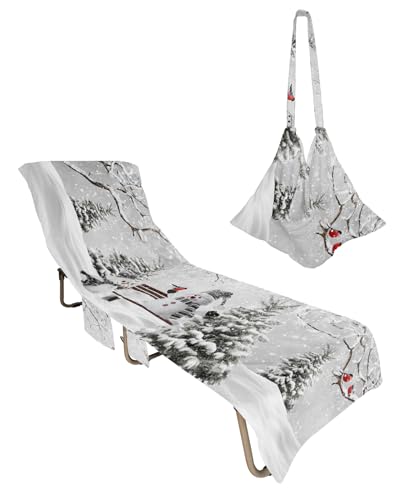 Christmas Beach Chair Towel Covers for Chaise Lounge with Side Pocket, Soft Plush Pool Towels Cover for Patio Sunbathing Outdoor 29''x85'' Winter Snowy Pine Tree Branch Birds
